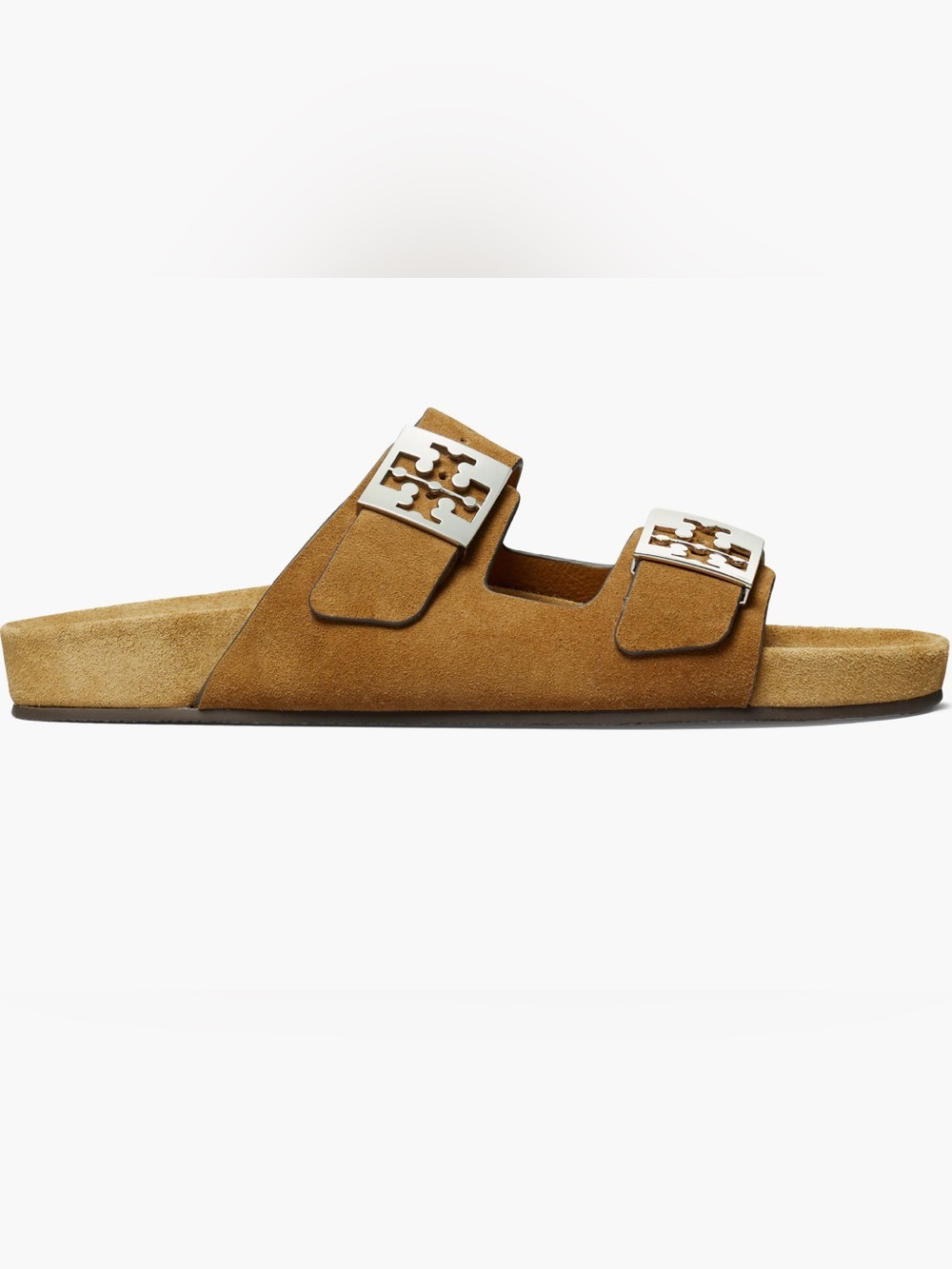Tory Burch - Suede Polished Double-T Logo Mellow Slide Sandal - Toffee - Size 7